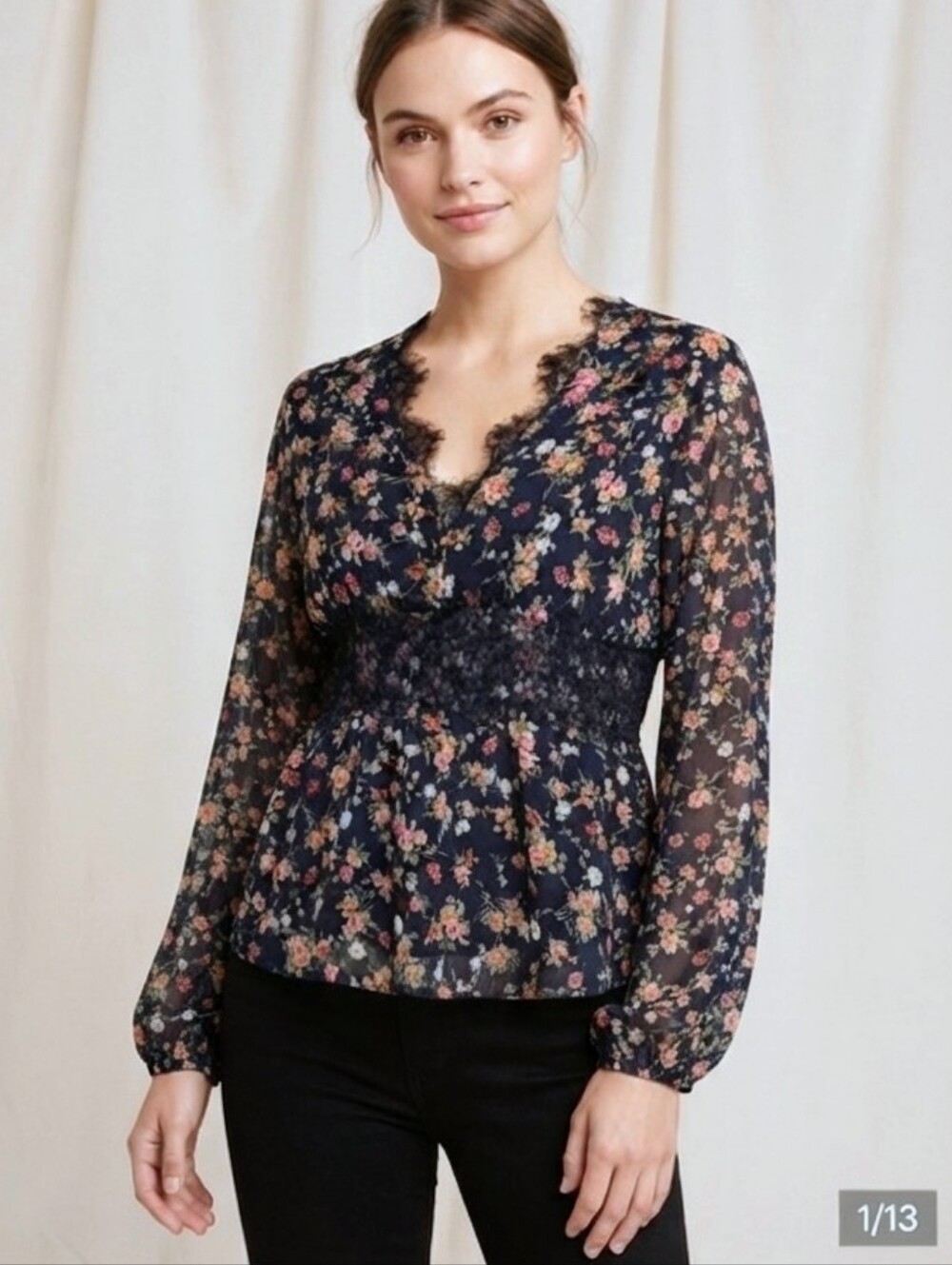 Dynamite Navy Blue Floral Lace Trim V-Neck Blouse S